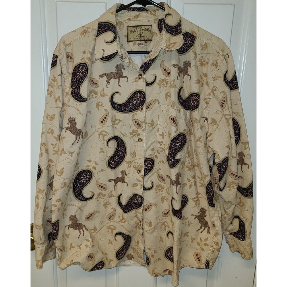 Bit & Bridle Sz XL Paisley‎ Horses Western Cowgirl Corduroy Shirt Soft Buttons
